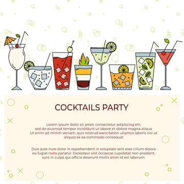 Template for cocktail party invitation. or bar menu with different cocktails in thin line