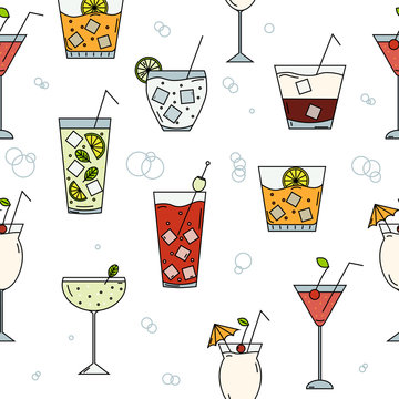 Seamless pattern with different cocktails thin line