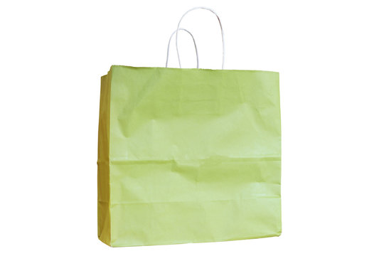 Green recycle paper bag with white handles isolated on white background