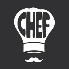 Illustration with chef's hat, mustache and lettering. Black and white hand drawn background vector. Time to cook. Poster design with english text