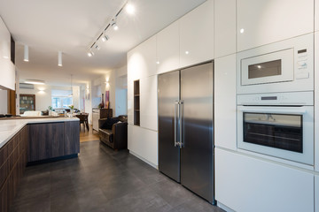 Interior of modern kitchen with built-in appliances