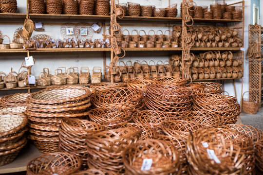  Wicker baskets on sale in a factory shop in Camacha on Madeira Island. Portugal