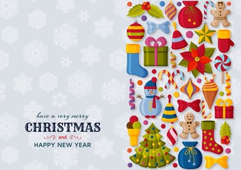 Christmas background with 3d paper cut signs. Cute kids toys and accessories. Snowfall at the back. New Year greeting card or banner concept