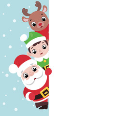 Santa, elf and deer with blank signboard