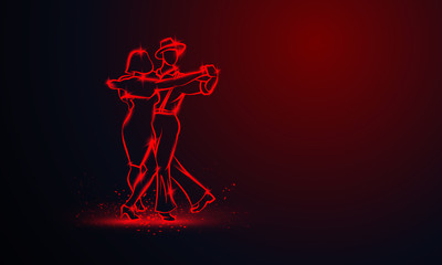 Couple dancing foxtrot. Vector red neon banner with copy space. - obrazy, fototapety, plakaty