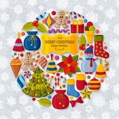 Christmas background with 3d paper cut signs. Cute kids toys and accessories. Snowfall at the back. New Year greeting card or banner concept