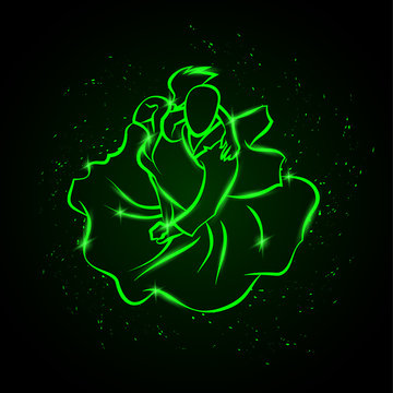 Couple dancing tango. Top view. Vector green neon illustration.
