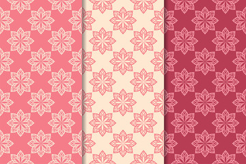 Cherry red floral ornaments. Set of vertical seamless patterns