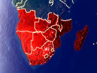 Southern Africa from space on Earth at night. Very fine detail of the plastic planet surface with bright city lights.