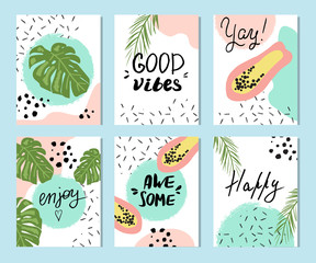 Summer templates with hand drawn tropic fruts and plants