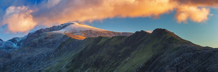 Panorama of Snowdon (Welsh: Yr Wyddfa, pronounced is the highest mountain in Wales, Uk.