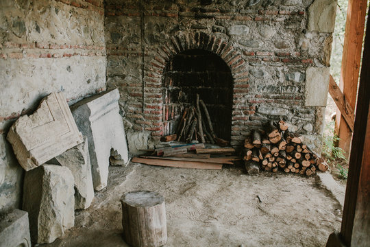 View of the old brick fireplace