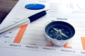 Pen and compass on income target business report , finance concept.