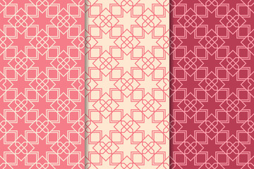 Set of geometric ornaments. Cherry red seamless patterns