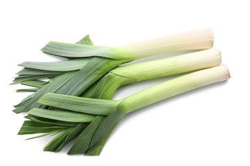 Fresh green leeks on white background