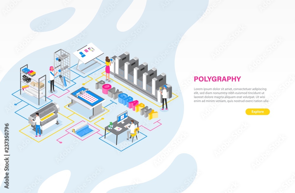 Aufkleber Web banner template with printshop or printing service center with people working with plotters, offset printers and other equipment. Modern colorful isometric vector illustration for advertisement.