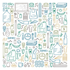 Collection of different types of household waste. Line style vector illustration