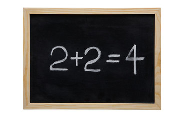 WOODEN FRAMED BLACK BOARD WITH THE SUM TOW PLUS TWO EQUALS FOUR WRITTEN WITH WHITE CHALK