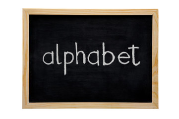 WOODEN FRAMED BLACK BOARD WITH THE WORD SCHOOL WRITTEN WITH WHITE CHALK