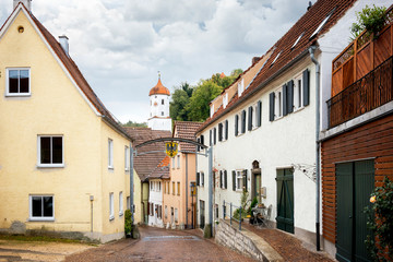 Fototapeta na wymiar Harburg, a charming village on the Romantic Road along the Wornitz river, is characterized by a dense network of medieval trellis houses and baroque gable buildings. Bavaria, Germany.