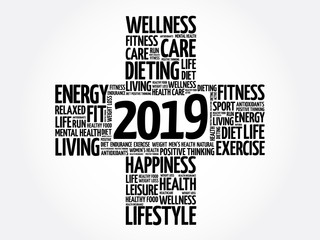 2019 Goals Health word cloud, health cross concept