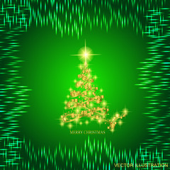 Abstract background with gold christmas tree and stars. Illustration in green and gold colors. Vector illustration.
