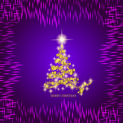 Abstract background with gold christmas tree and stars. Illustration in lilac and gold colors.