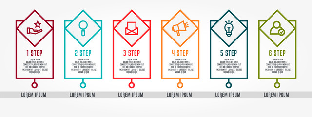 Flat line vector illustration. Infographic template with six elements, rectangle with icons. Designed for business, presentations, web design, process diagrams, training with 6 steps