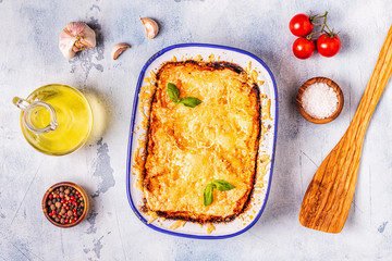 Traditional italian lasagna with vegetables, minced meat and cheese.