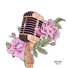 The image of the microphone with flowers. Floral print for clothes. Floral print design with lettering. Greeting card. Vector illustration. - 237353725