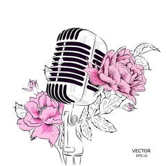 The image of the microphone with flowers. Floral print for clothes. Floral print design with lettering. Greeting card. Vector illustration. - 237353759