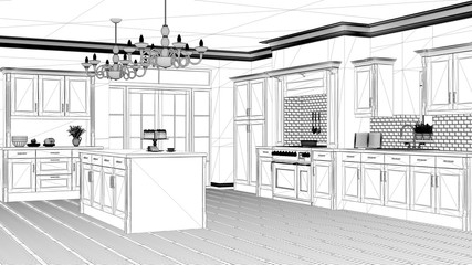 Interior design project, black and white ink sketch, architecture blueprint showing classic vintage luxury kitchen, island with big chandeliers and window, contemporary architecture