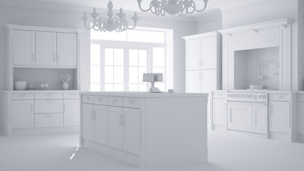 Total white project of classic vintage luxury kitchen, island with two big chandeliers pendant lamps and big window, contemporary architecture interior design