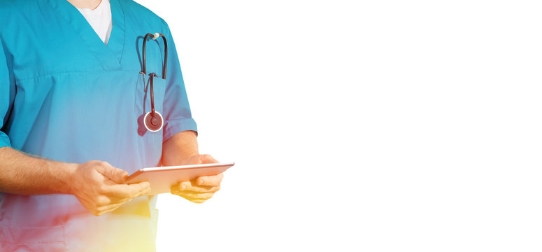 Concept of global medicine and healthcare. Doctor holds digital tablet. Diagnostics and modern technology, isolated