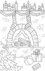 New year and Christmas theme. Black and white graphic doodle hand drawn sketch for adult or kids coloring book. Fire-place, Christmas socks and tree, gifts, ball and candles.