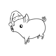 Outline, little pig with a Santas hat walking