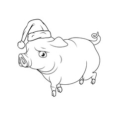 Outline of the big pig with Santas hat on his head, New Year 2019