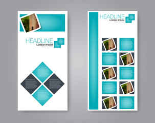 Vector flyer and leaflet design. Set of two side brochure templates. Vertical banners. Blue color.