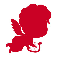 Cupid, Symbol of Love and Valentine's Day, with Harp, Red Silhouette. Vector Illustration.