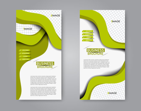 Narrow flyer and leaflet design. Set of two side brochure templates. Vertical banners. Green color. Vector illustration mockup.