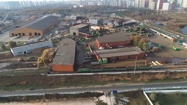 Metal recycling plant, scrap yard, in view of drone
