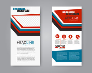 Narrow flyer and leaflet design. Set of two side brochure templates. Vertical banners. Red and blue color. Vector illustration mockup.