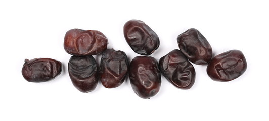 Fresh dates isolated on white background, sweet fruit, top view