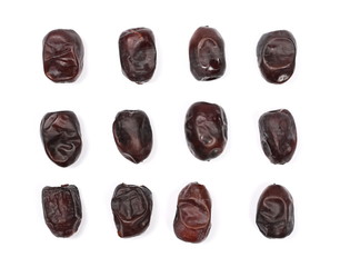 Fresh dates set isolated on white background, sweet fruit, top view