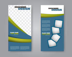 Narrow flyer and leaflet design. Set of two side brochure templates. Vertical banners. Blue and greene colors. Vector illustration mockup.