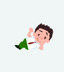 Businessman in casual style lying, greets with a dreamy expression.