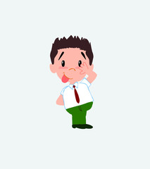 Businessman in casual style sticks out his tongue in gesture of funny shyness.