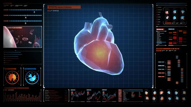 Beating 3d polygon heart. Human cardiovascular system with UI, future medical technology.