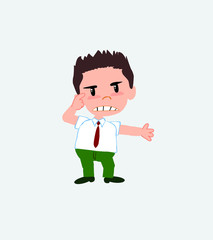 Businessman in casual style, is angry and points his head with his index finger.