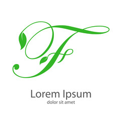 Logotipo letra F mayúscula con hojas en color verde